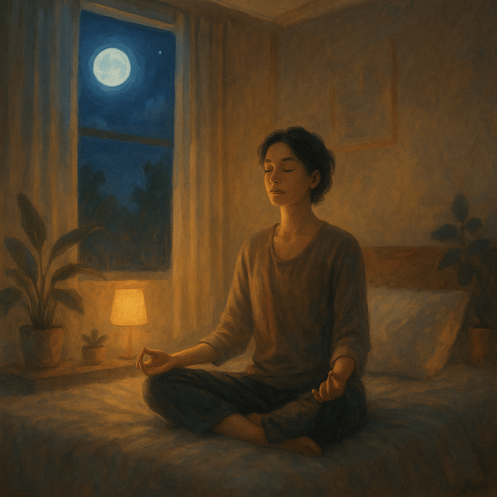 Woman meditating peacefully in bed at night for better sleep and relaxation