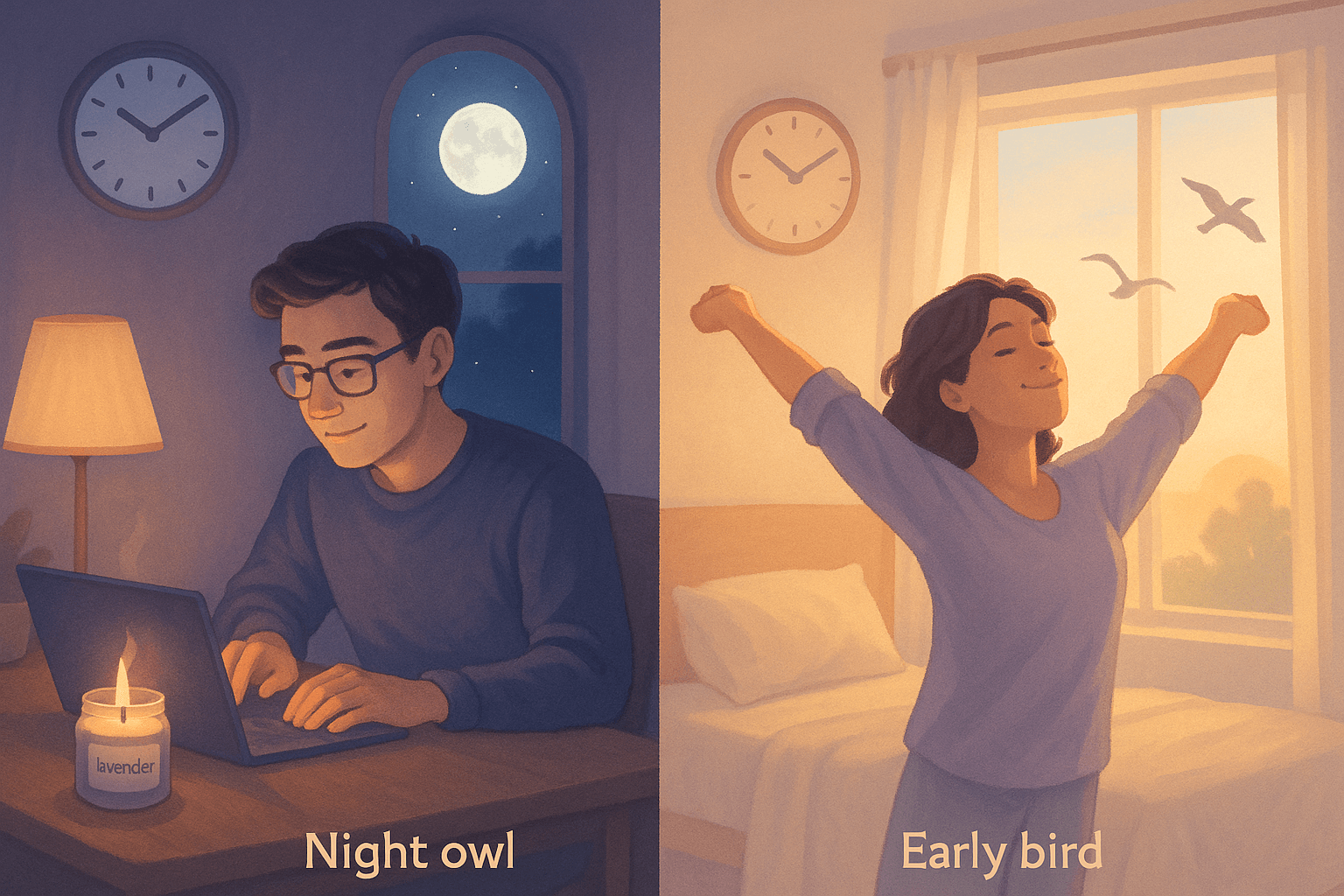 Illustration comparing night owl vs early bird sleep cycles showing optimal productivity times
