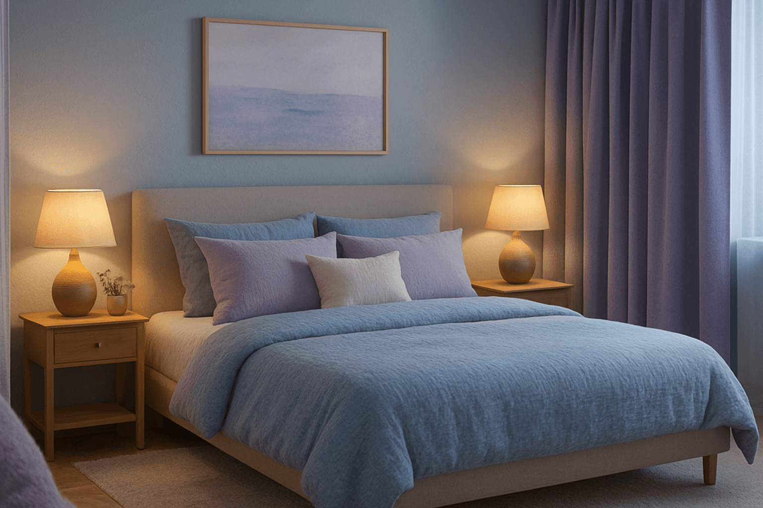 Serene calming bedroom with soft blue and lavender tones, natural wood furniture, cozy bed, ambient lighting, and blackout curtains designed for better sleep and relaxation.