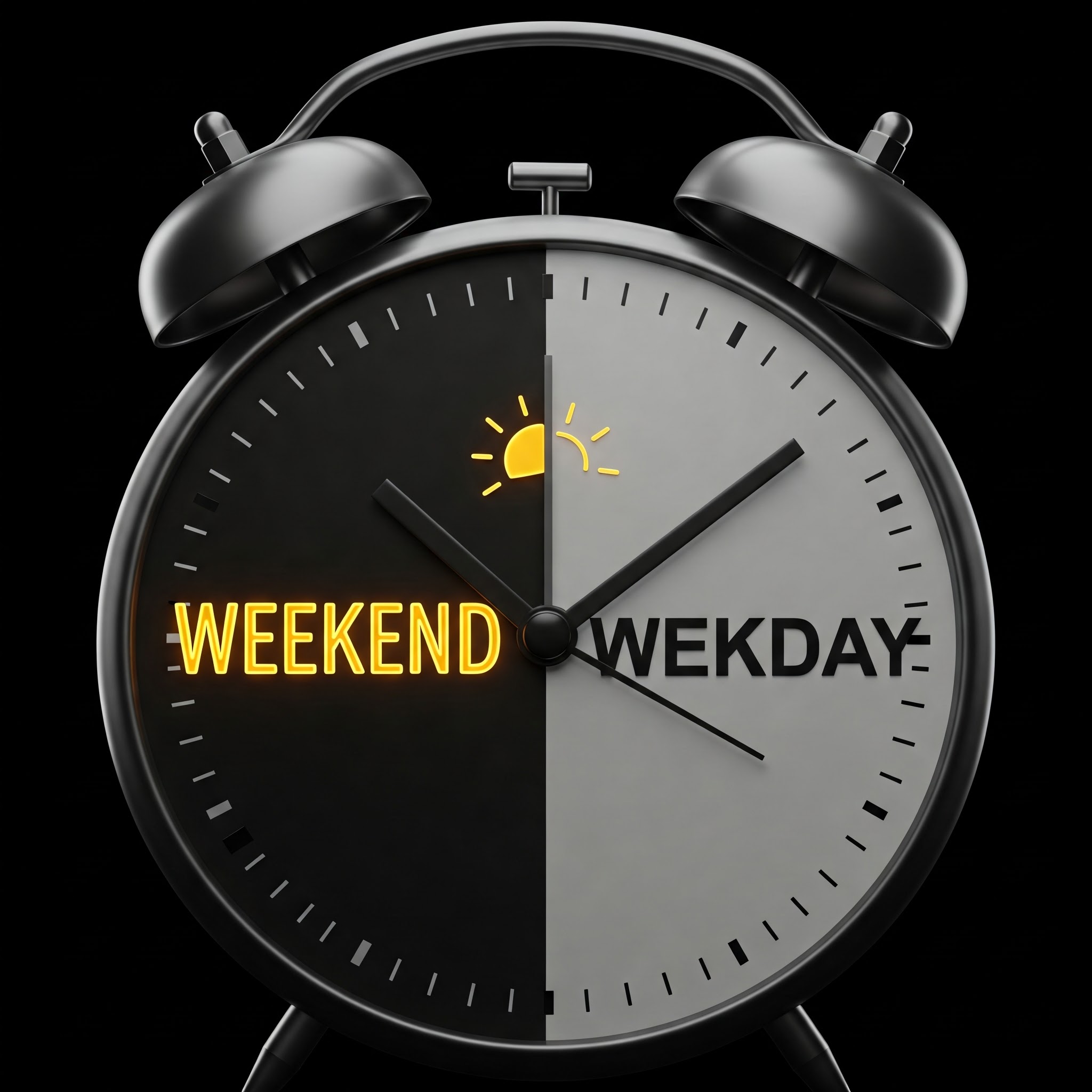 Alarm clock showing weekend vs weekday